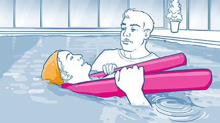 Das Bild ist eine Illustration in Schwarz-Weiß mit einzelnen in Farbe hervorgehobenen Elementen. Die Illustration zeigt zwei Personen beim Therapeutischen Schwimmen.